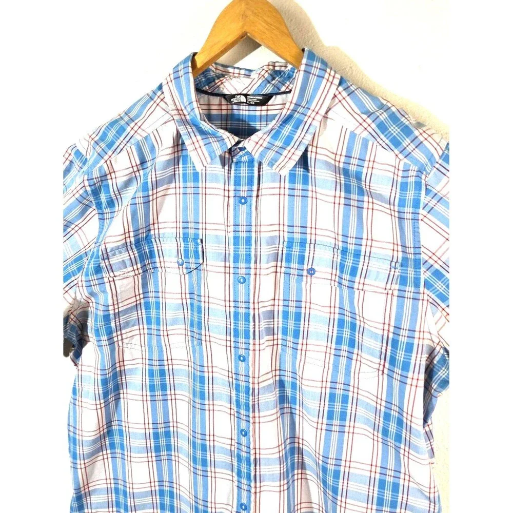 The North Face Mens XL Plaid Button Up Shirt Blue Red Short Sleeve Outdoor